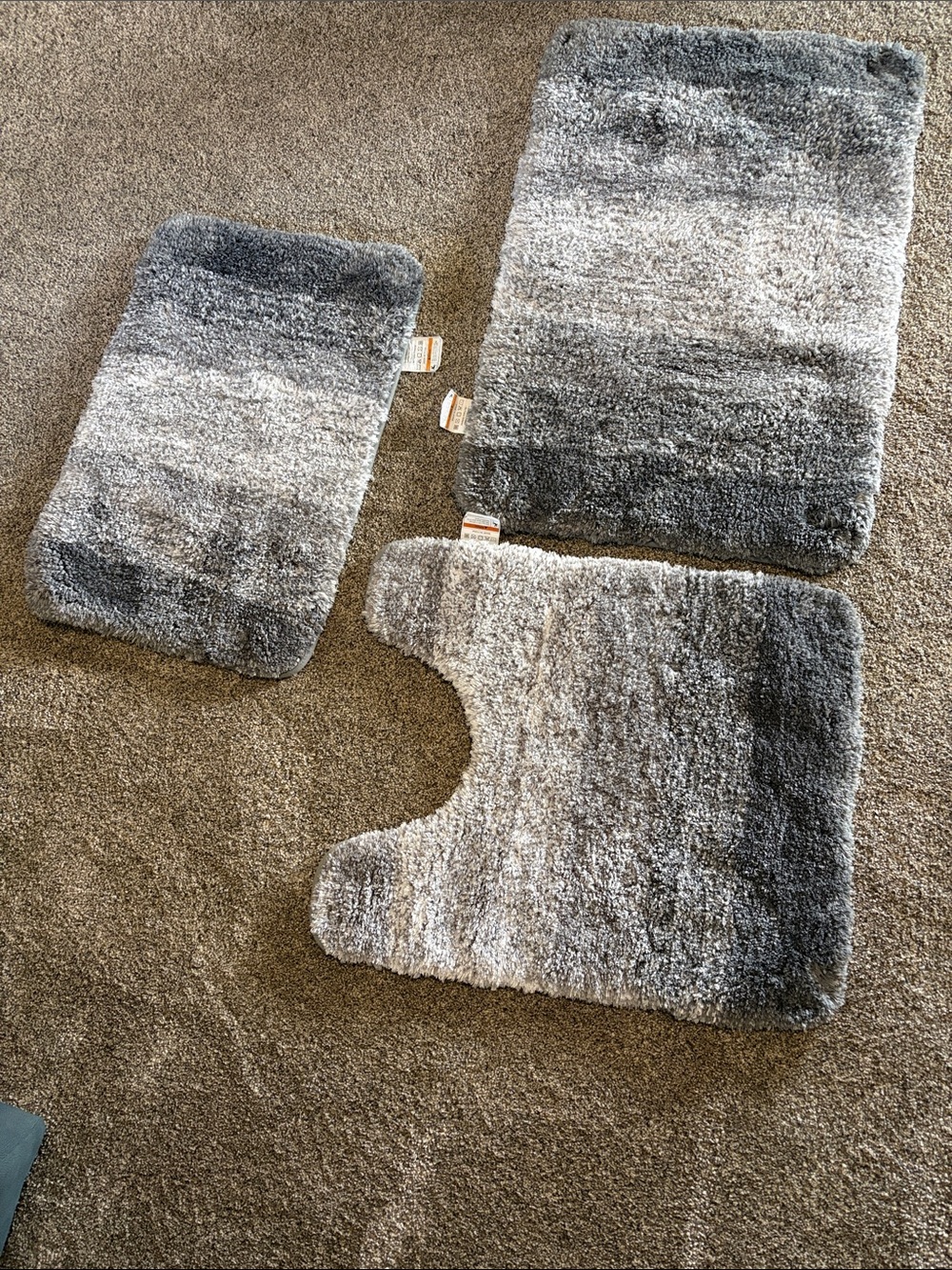 NEW Plush Gradient Gray Bath Rug Set - Soft Shag Bathroom Mats Set of 3